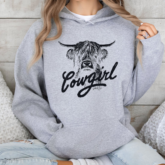 Cowgirl Highland Cow Hoodie - Gray Hoodie - Olive Loves Apple