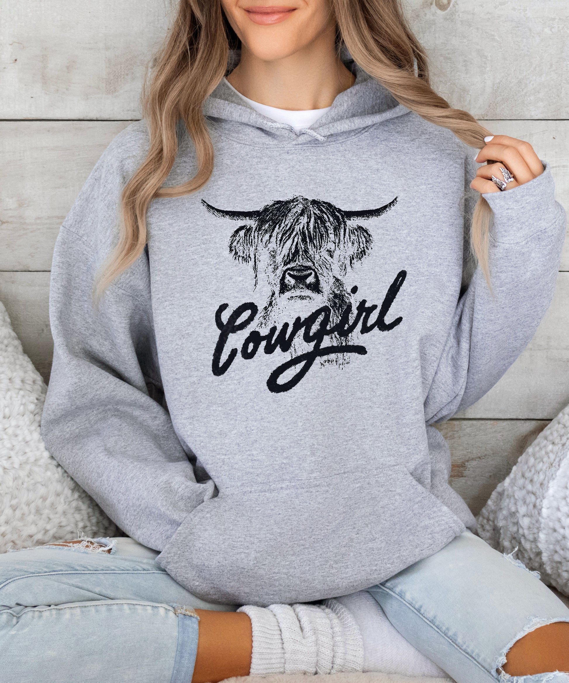 Cowgirl Highland Cow Hoodie - Gray Hoodie - Olive Loves Apple