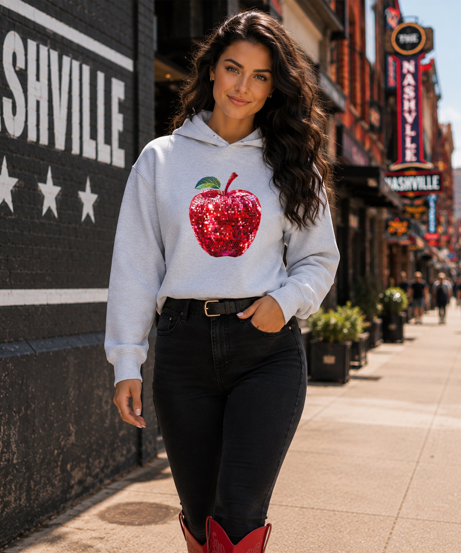 Gray glitter apple teacher hoodie view 6