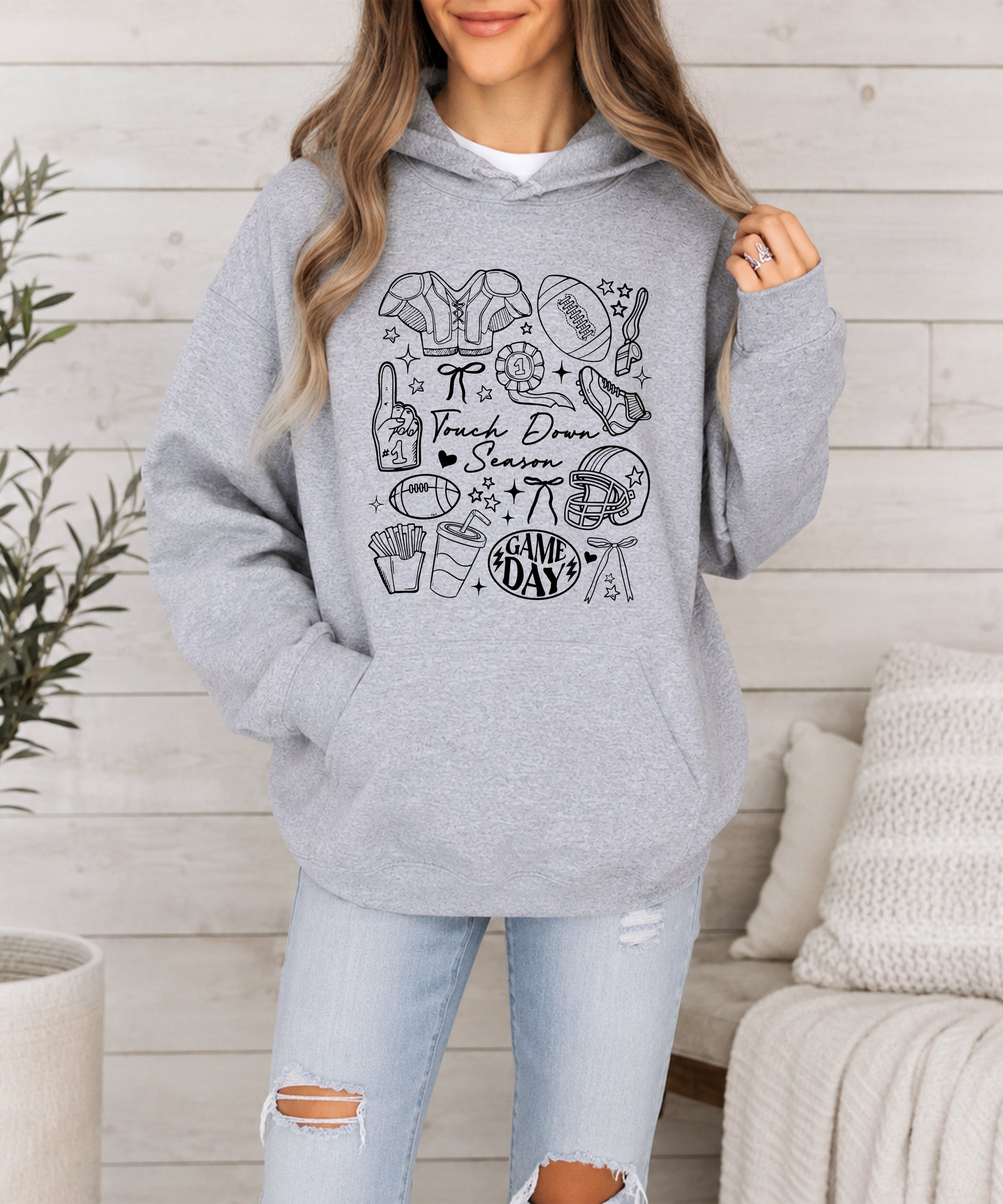 Gray Touch Down Season football hoodie flat lay