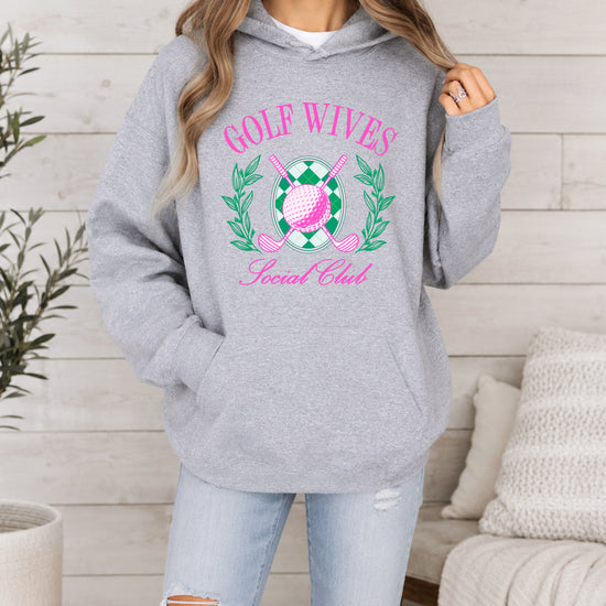 Golf Wives Social Club hoodie in Gray, close-up print detail