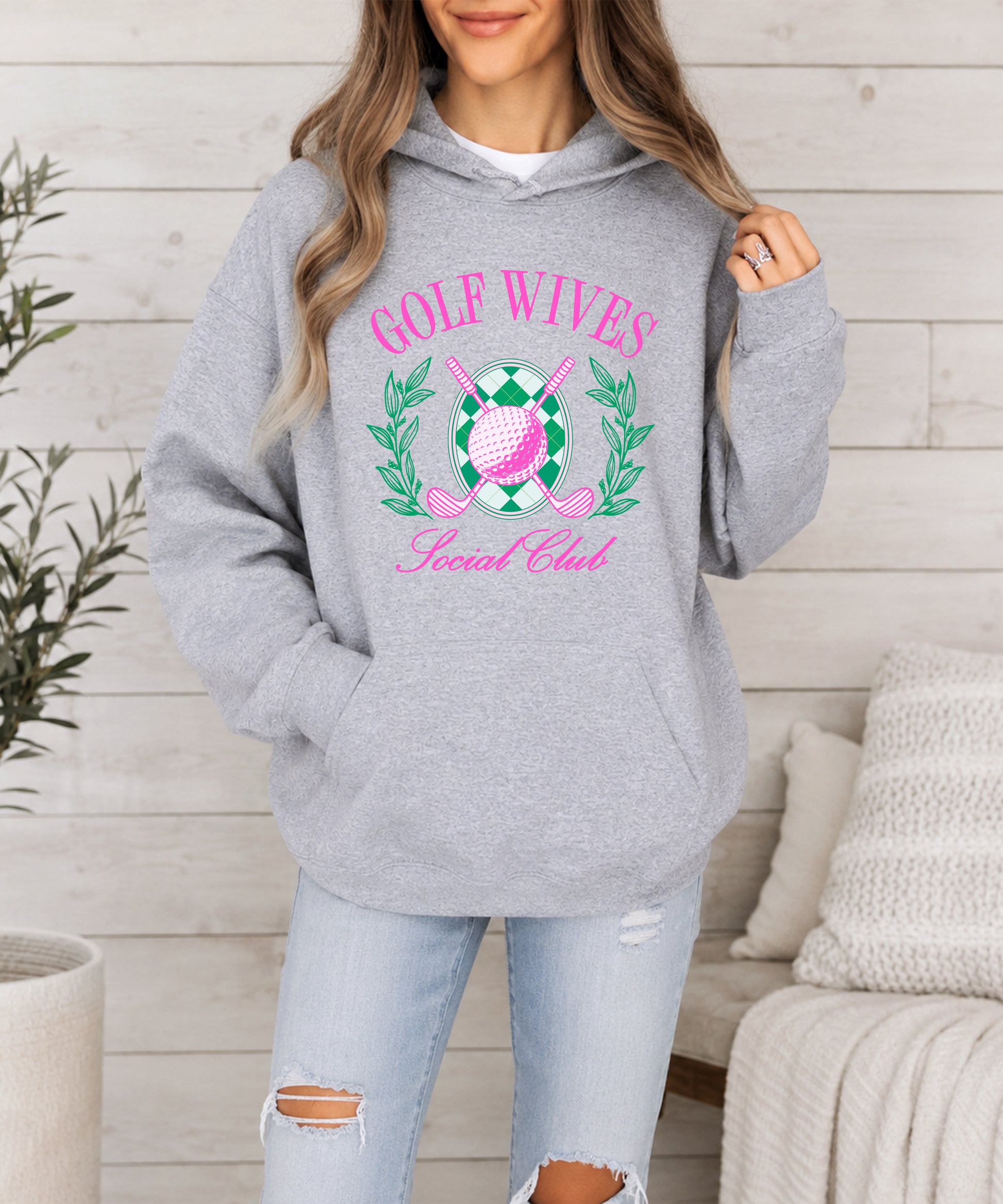 Golf Wives Social Club hoodie in Gray, close-up print detail