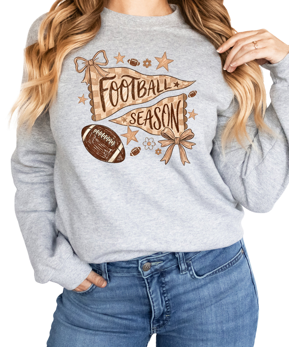 Football Season Coquette Bow Pennant Game Day Crewneck Sweatshirt - Gray Sweatshirt view 6