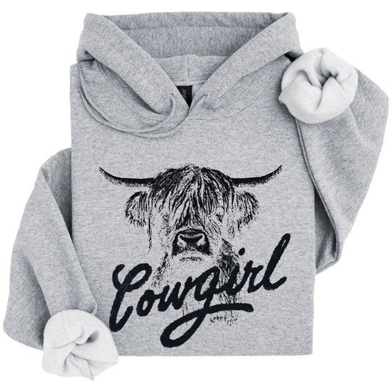 Cowgirl Highland Cow Hoodie - Gray Hoodie - Olive Loves Apple