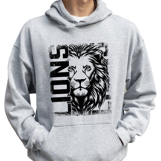 Lions School Spirit hoodie in Gray - distressed lion mascot game day pullover sweatshirt, view 6