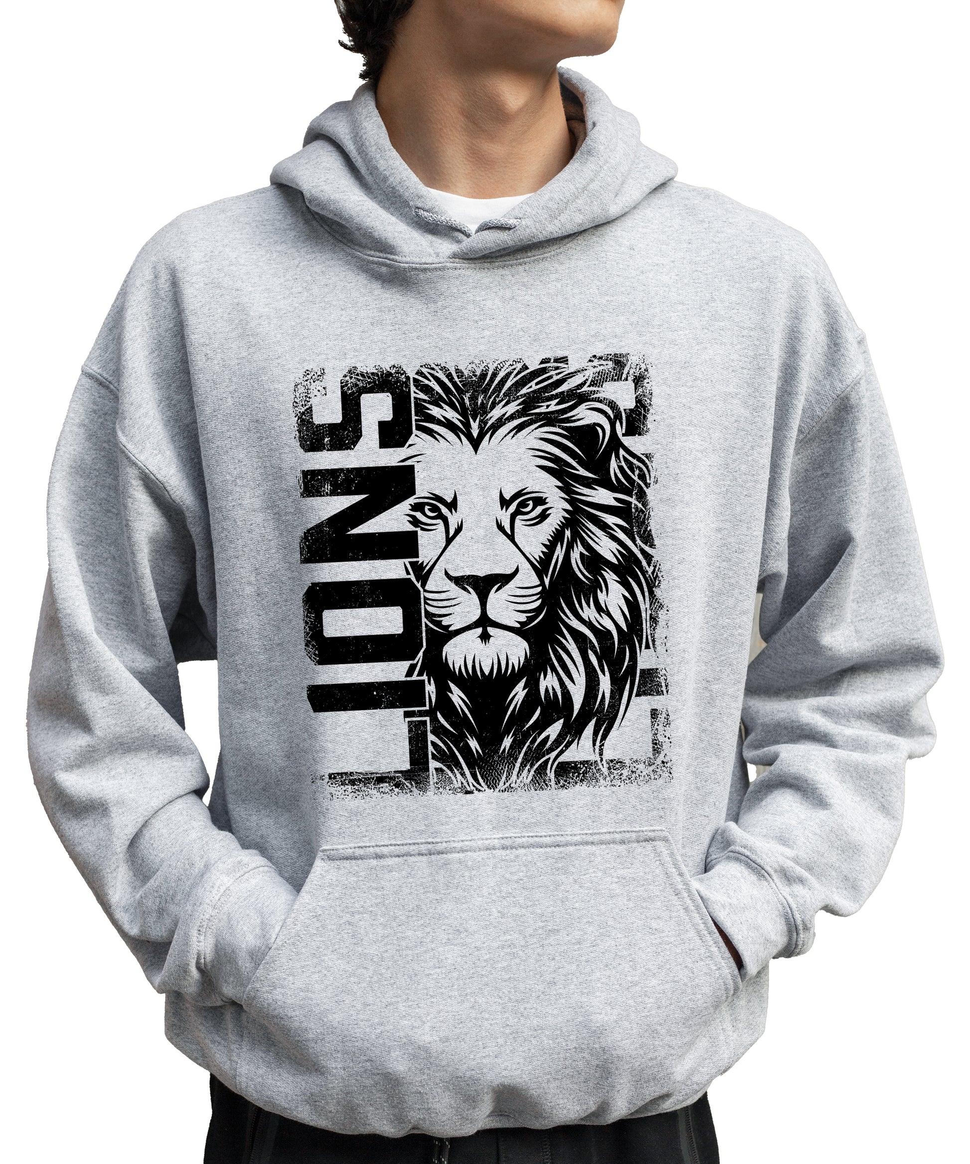 Lions School Spirit hoodie in Gray - distressed lion mascot game day pullover sweatshirt, view 6