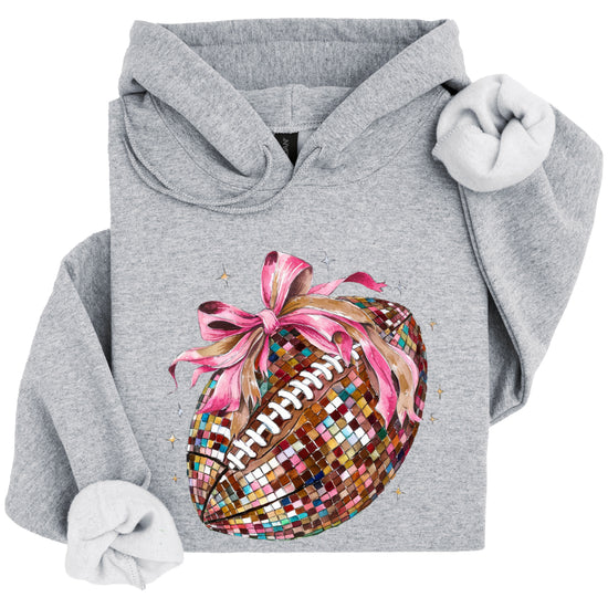 Disco Ball Football Coquette Bow Hoodie for Women, Gray Hoodie, view 6