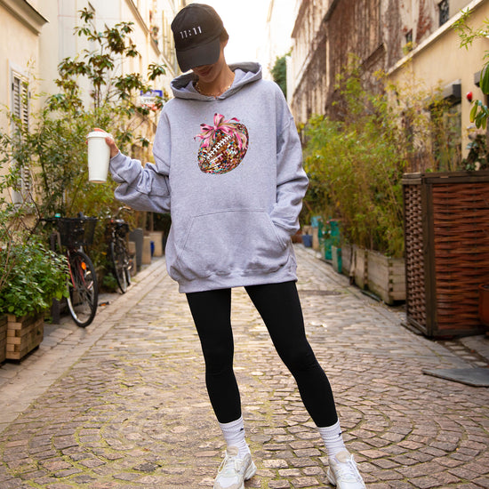 Disco Ball Football Coquette Bow Hoodie for Women, Gray Hoodie, view 7
