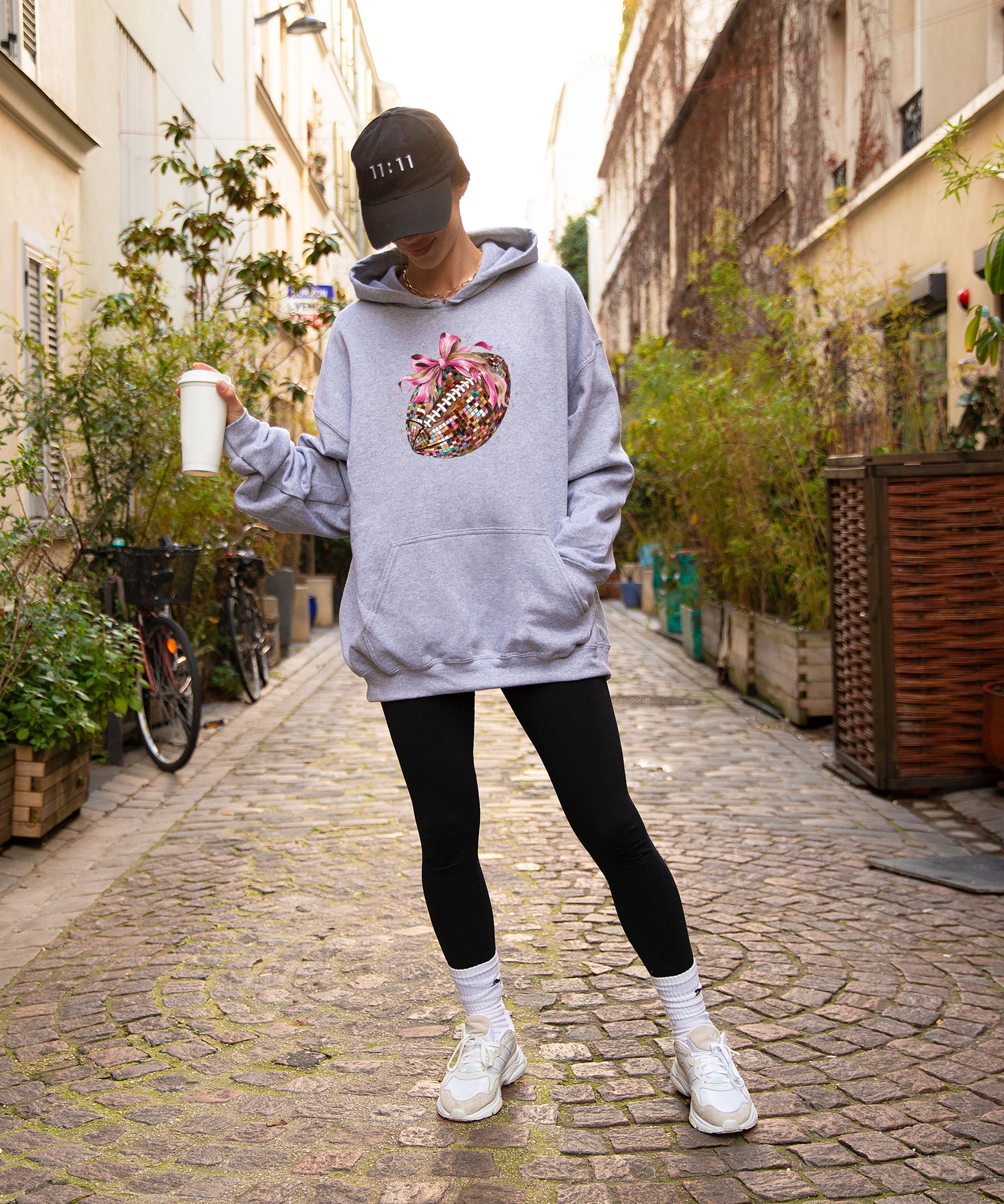 Disco Ball Football Coquette Bow Hoodie for Women, Gray Hoodie, view 7