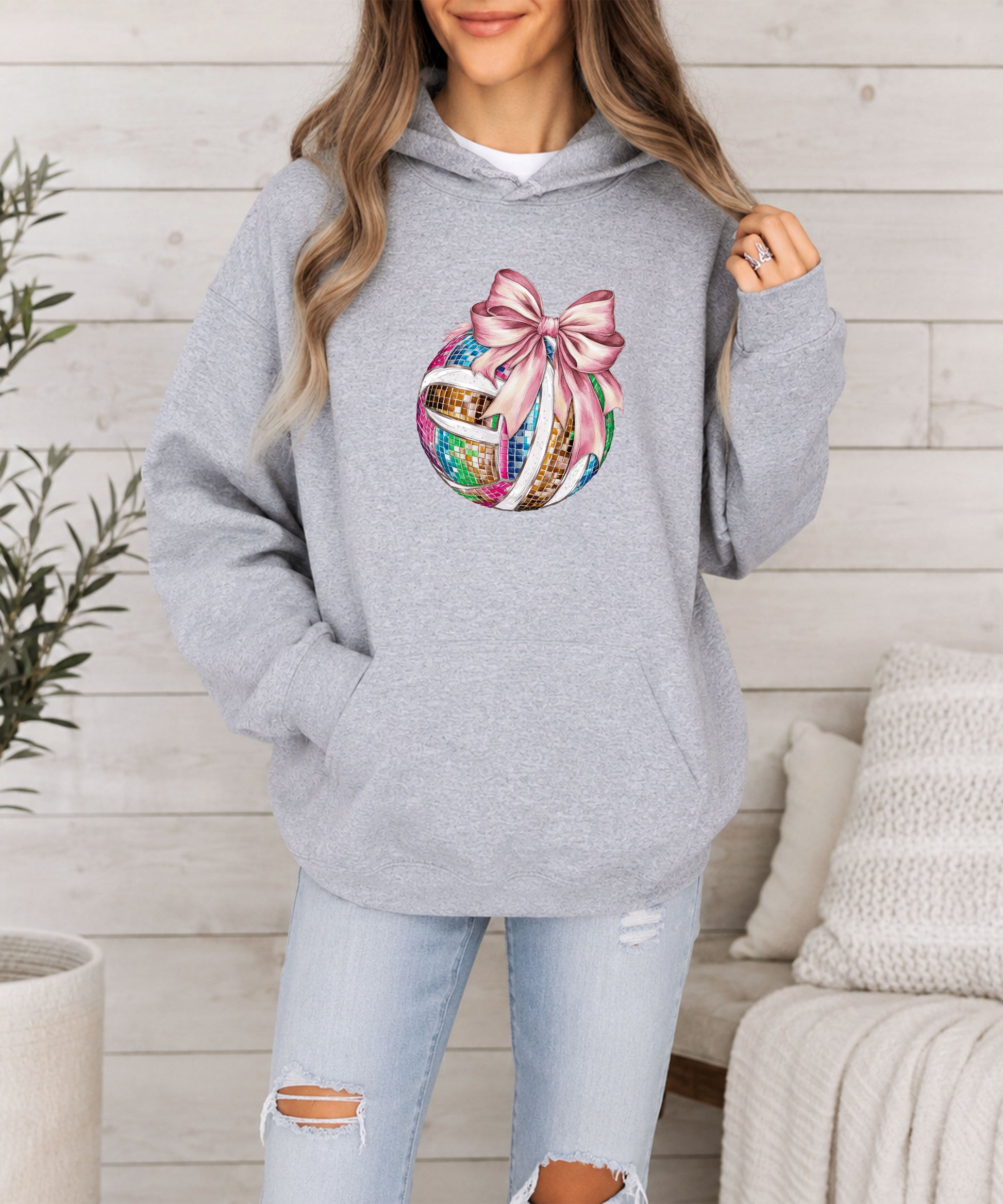 Disco Volleyball Coquette Bow Hoodie - Gray - View 7