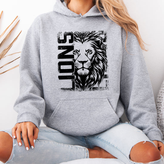 Lions School Spirit hoodie in Gray - distressed lion mascot game day pullover sweatshirt, view 7