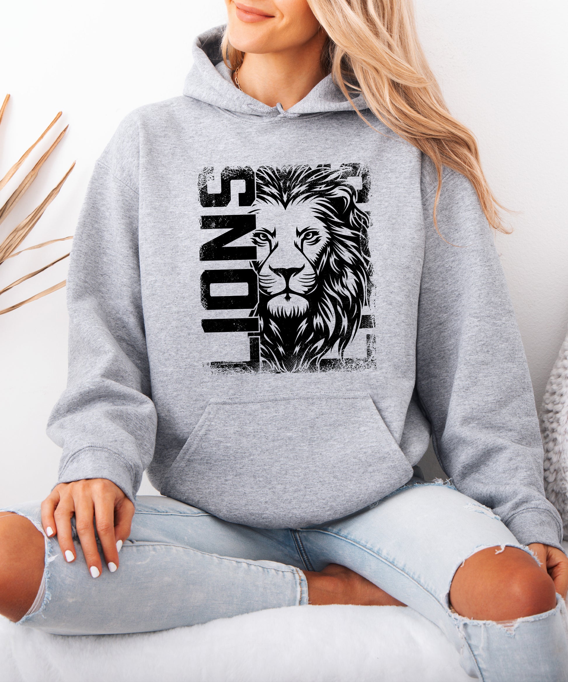 Lions School Spirit hoodie in Gray - distressed lion mascot game day pullover sweatshirt, view 7