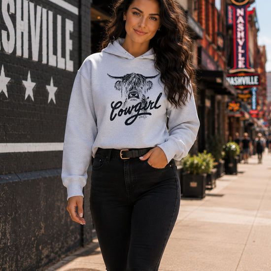 Cowgirl Highland Cow Hoodie - Gray Hoodie - Olive Loves Apple