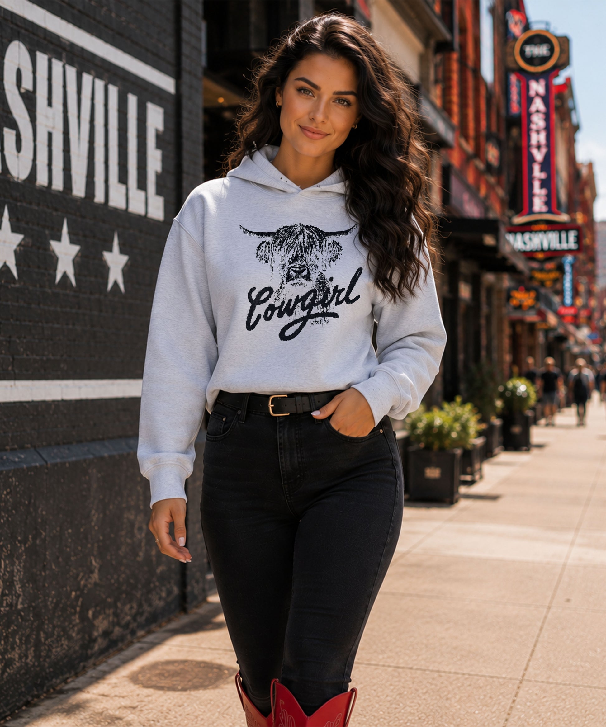 Cowgirl Highland Cow Hoodie - Gray Hoodie - Olive Loves Apple