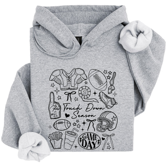 Gray Touch Down Season football hoodie hood and pocket detail