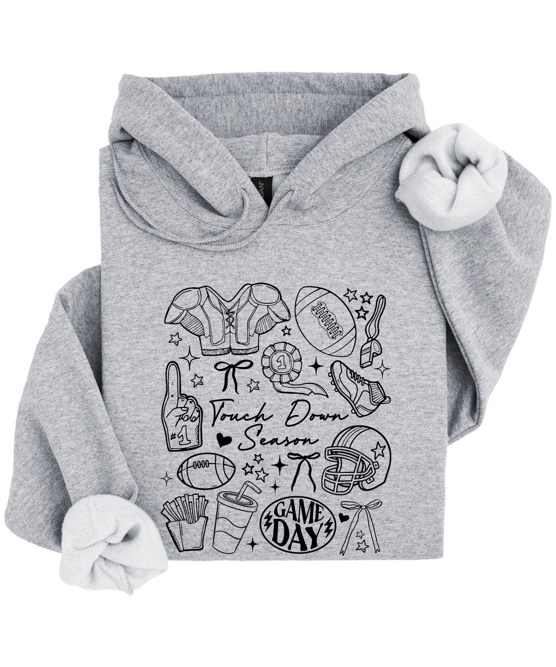 Gray Touch Down Season football hoodie hood and pocket detail