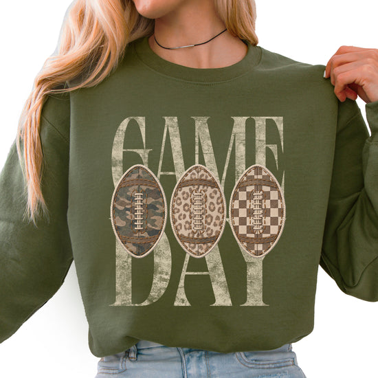 Game Day football camo leopard checkered crewneck sweatshirt, Army Green, front view