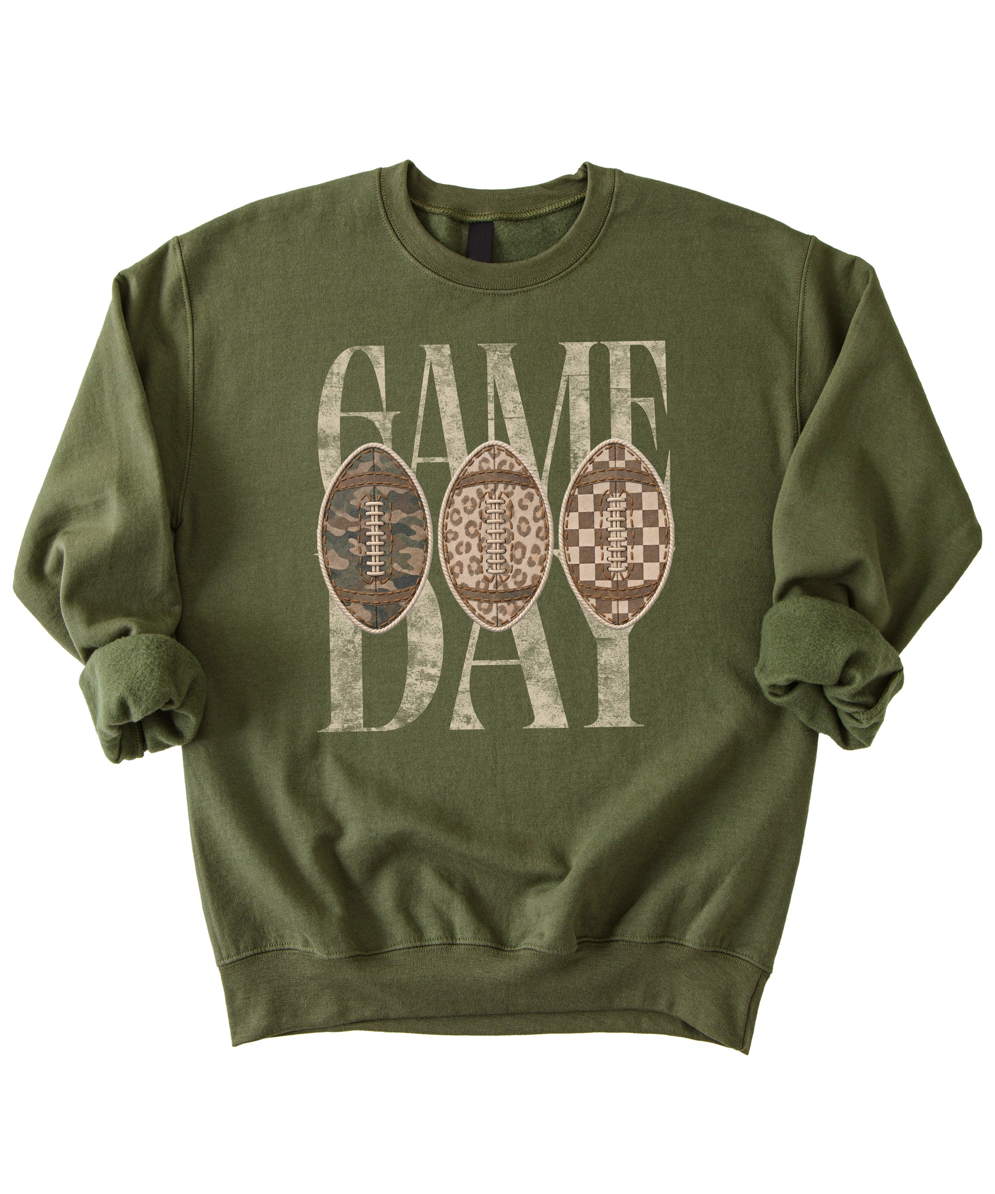 Game Day football camo leopard checkered crewneck sweatshirt, Army Green, view 2
