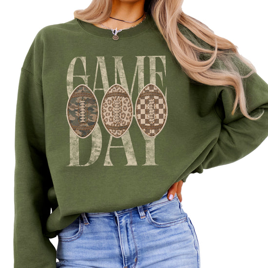 Game Day football camo leopard checkered crewneck sweatshirt, Army Green, view 3