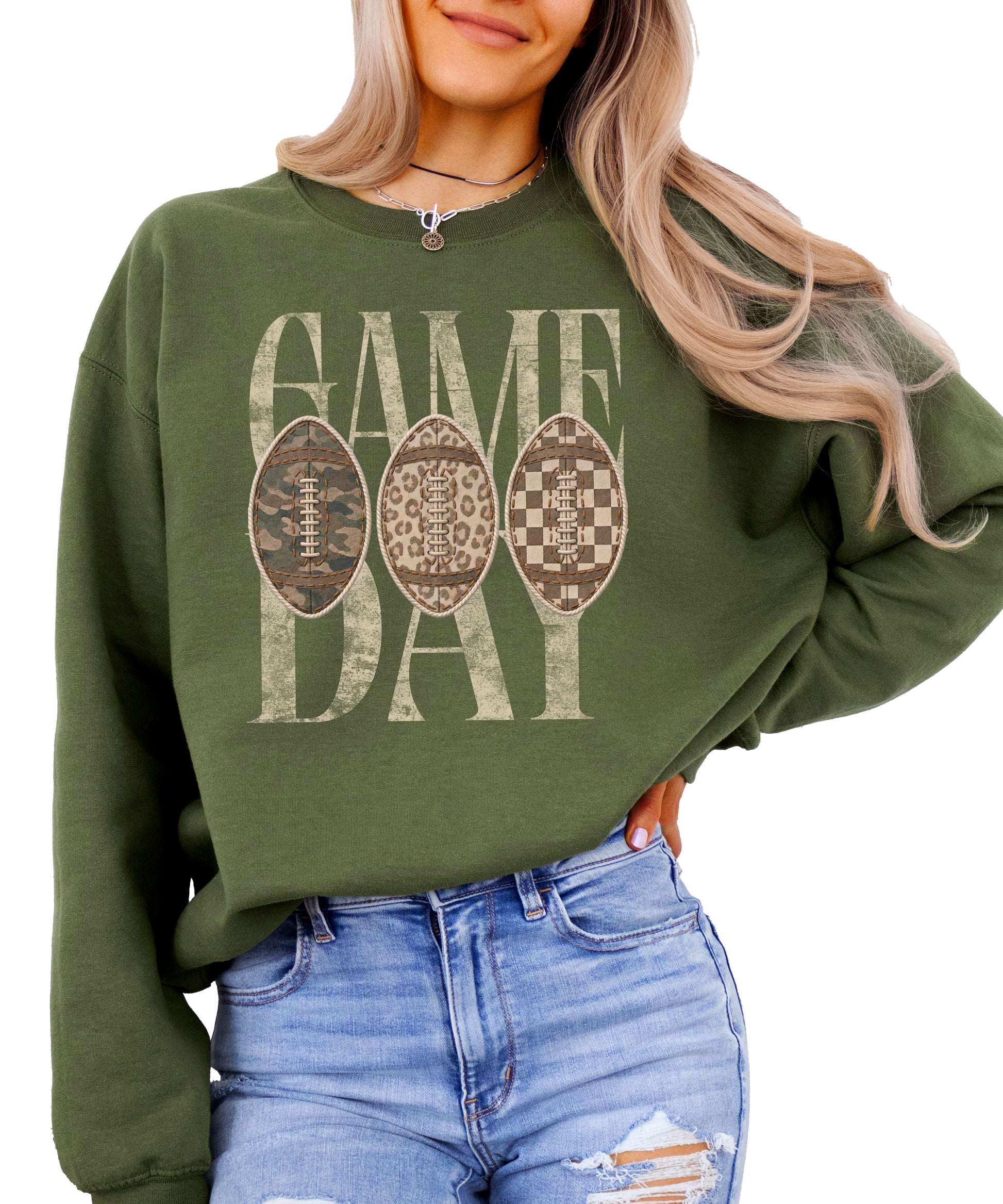 Game Day football camo leopard checkered crewneck sweatshirt, Army Green, view 3