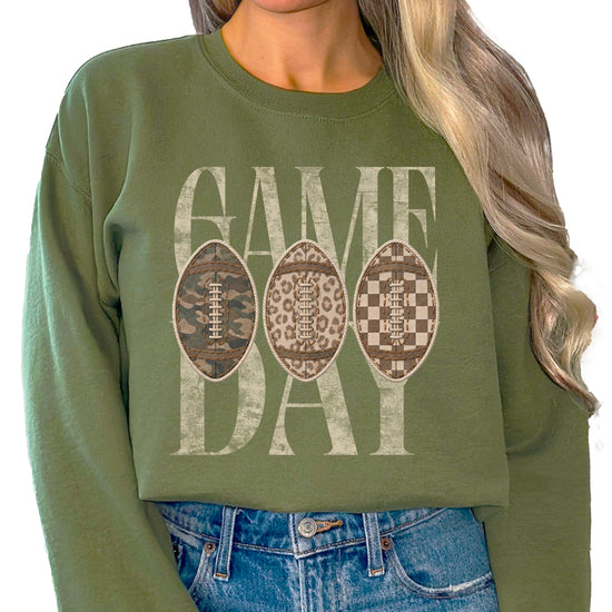 Game Day football camo leopard checkered crewneck sweatshirt, Army Green, view 4