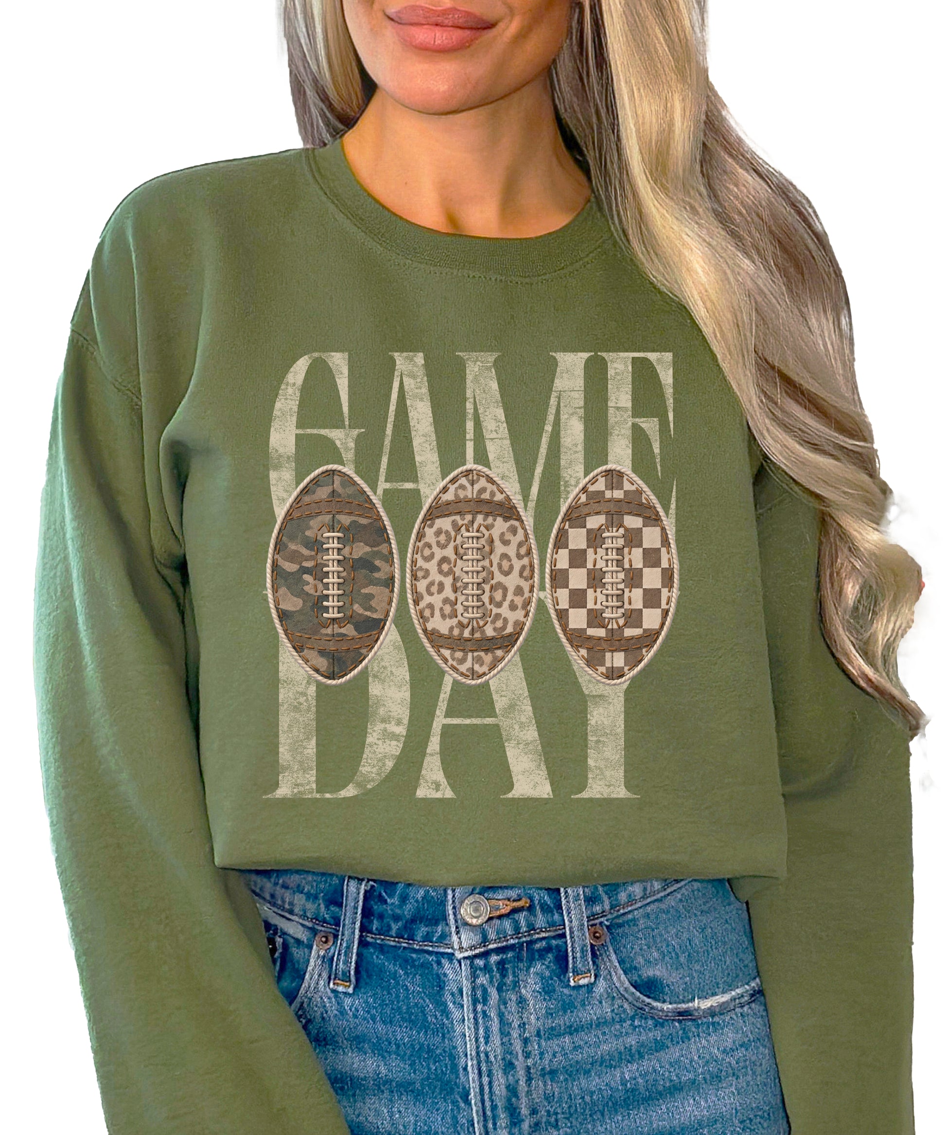 Game Day football camo leopard checkered crewneck sweatshirt, Army Green, view 4