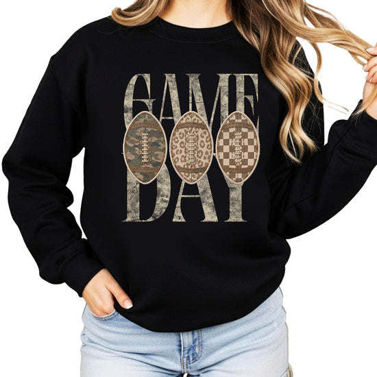 Game Day football camo leopard checkered crewneck sweatshirt, Black, front view