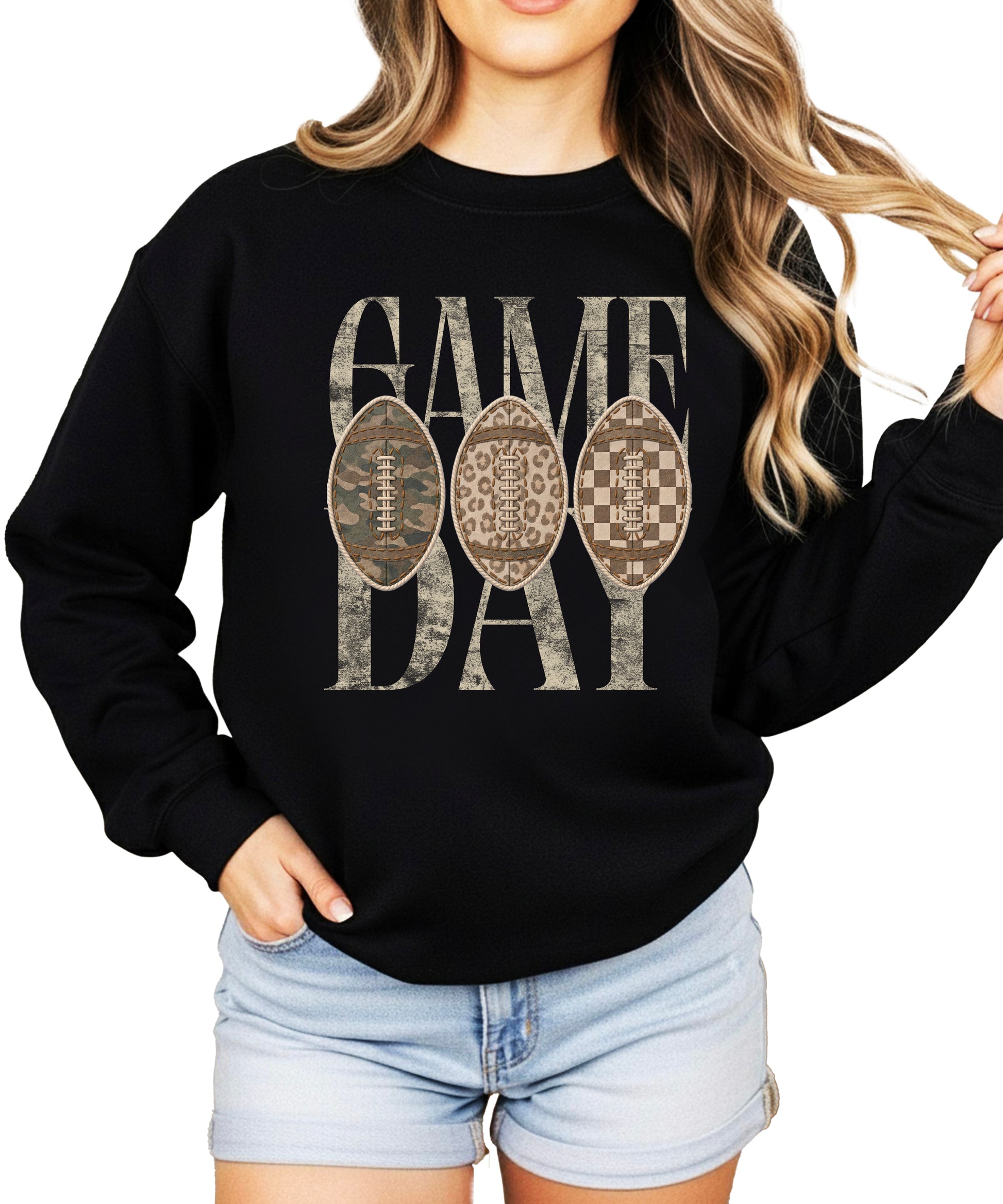Game Day football camo leopard checkered crewneck sweatshirt, Black, front view
