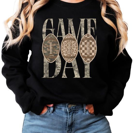 Game Day football camo leopard checkered crewneck sweatshirt, Black, view 3