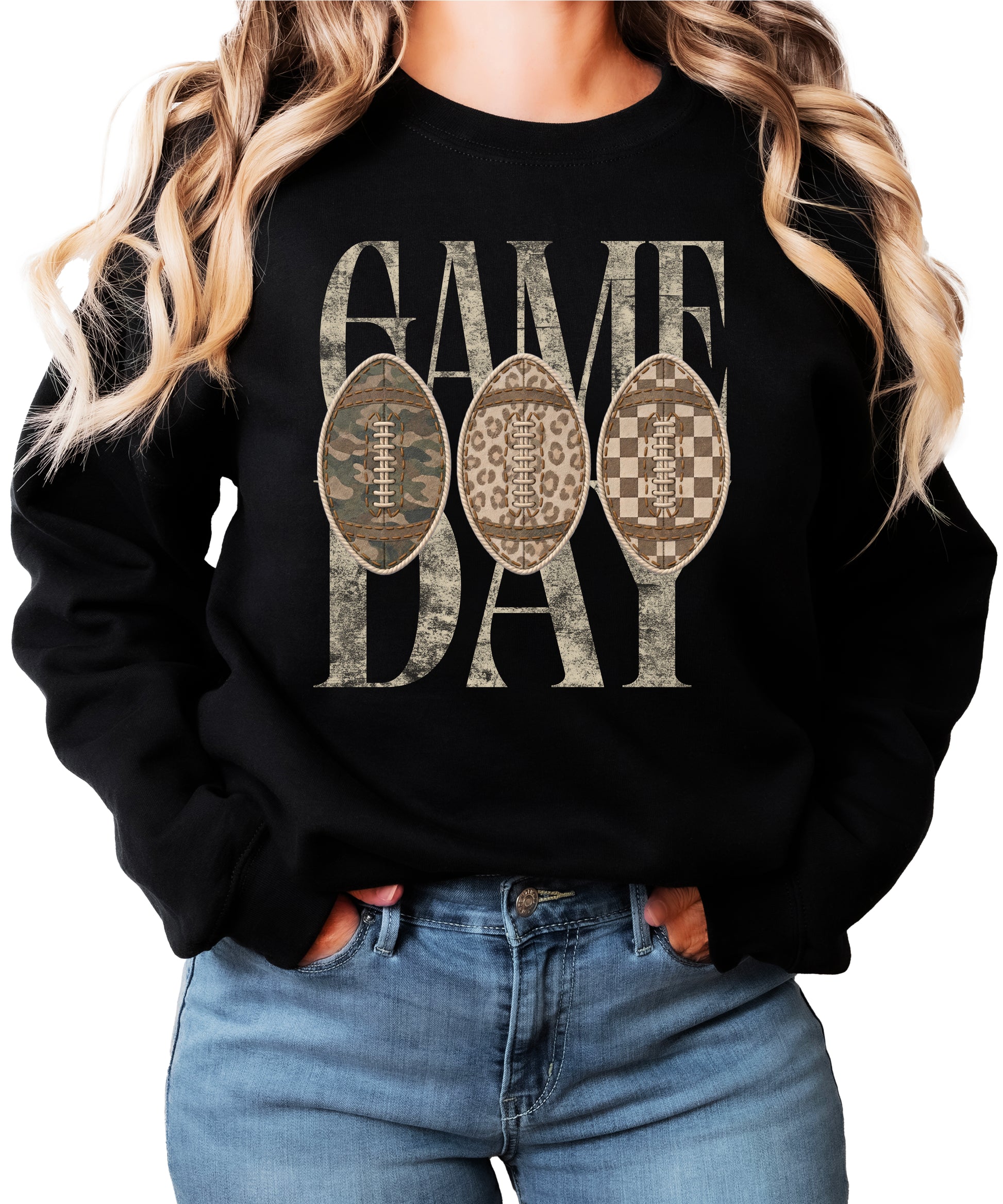 Game Day football camo leopard checkered crewneck sweatshirt, Black, view 3
