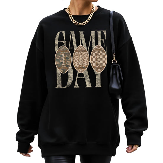 Game Day football camo leopard checkered crewneck sweatshirt, Black, view 4