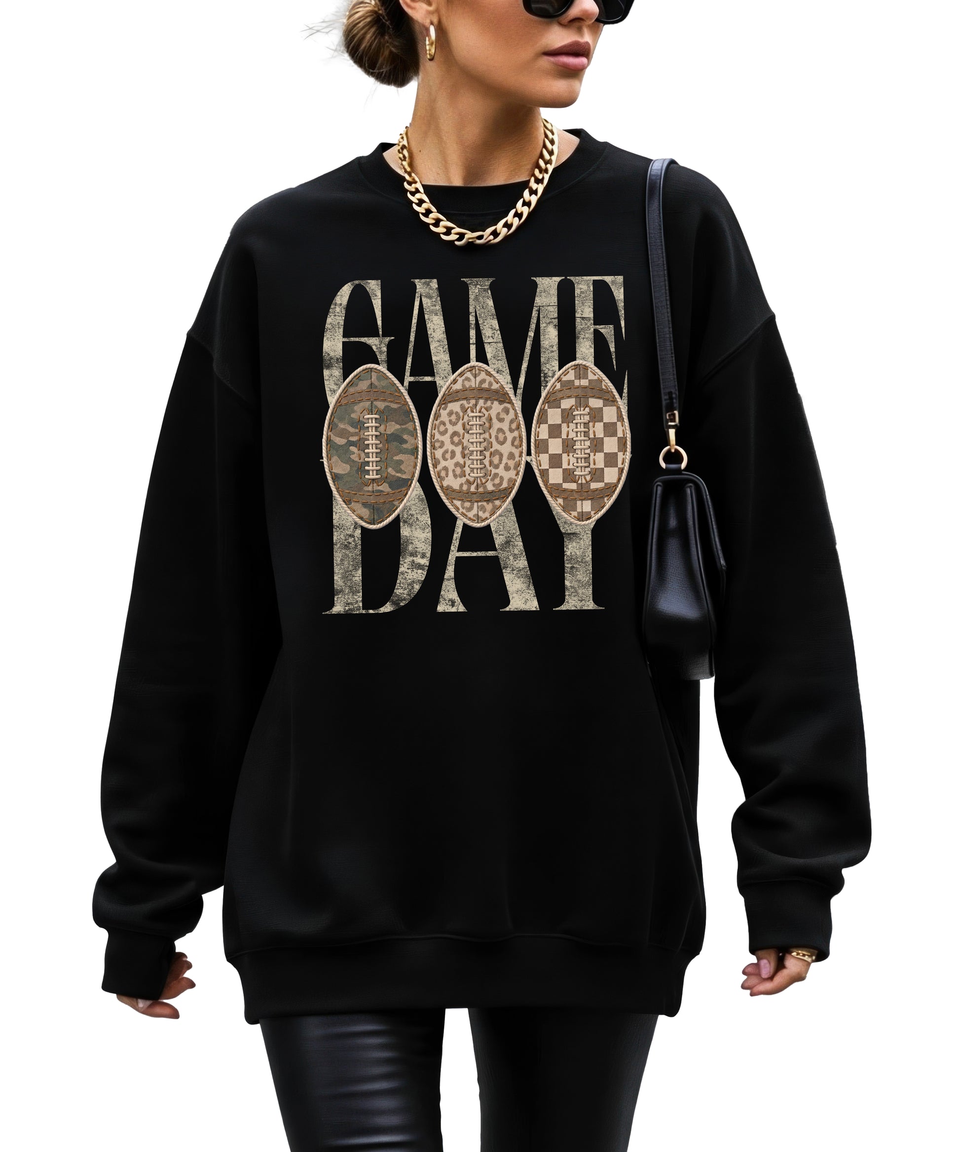 Game Day football camo leopard checkered crewneck sweatshirt, Black, view 4