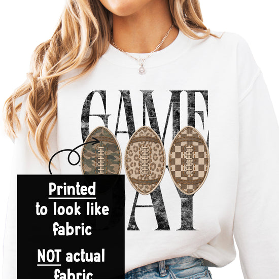 Game Day design detail, three ink-printed patch footballs in camo, leopard and checkered prints