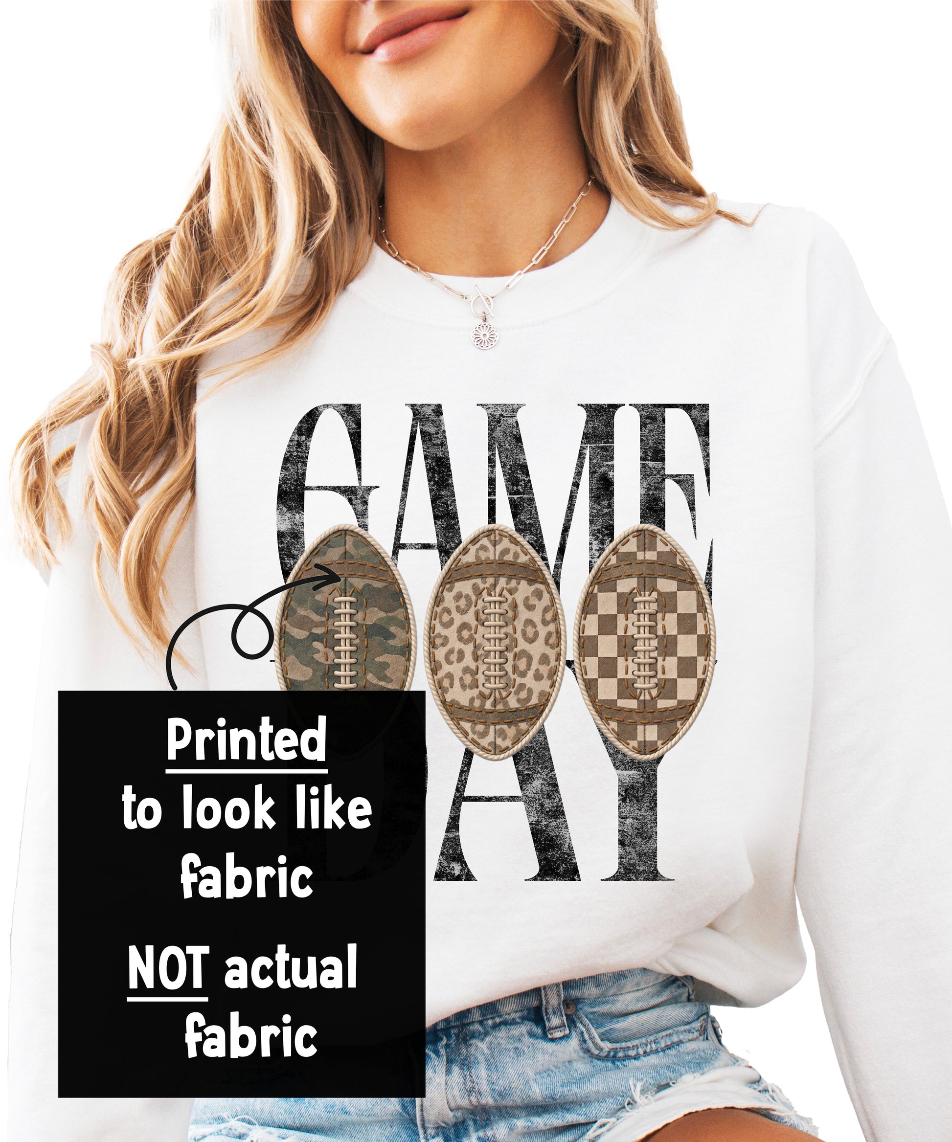 Game Day design detail, three ink-printed patch footballs in camo, leopard and checkered prints