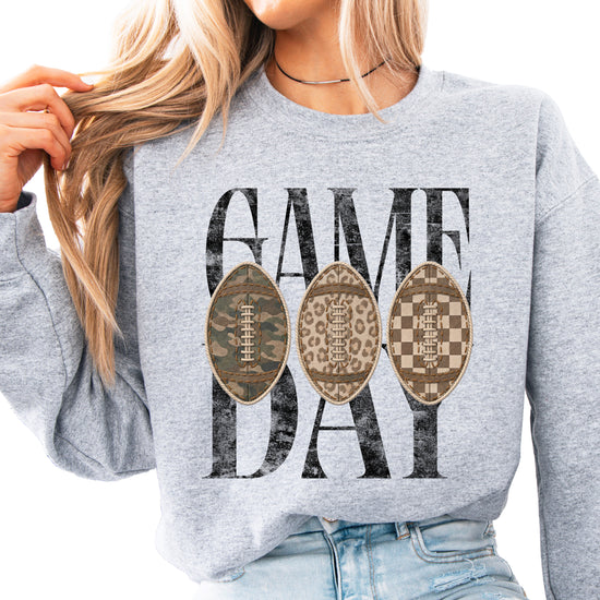 Game Day football camo leopard checkered crewneck sweatshirt, Gray, front view