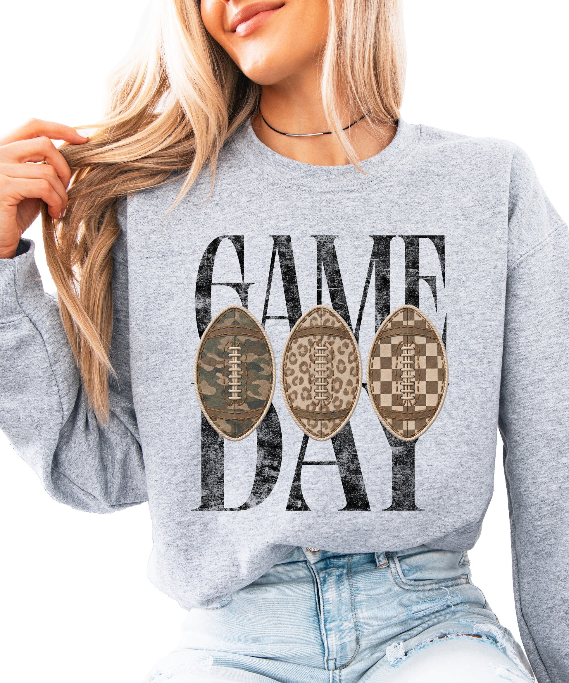 Game Day football camo leopard checkered crewneck sweatshirt, Gray, front view