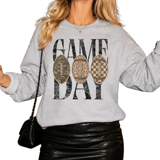 Game Day football camo leopard checkered crewneck sweatshirt, Gray, view 3