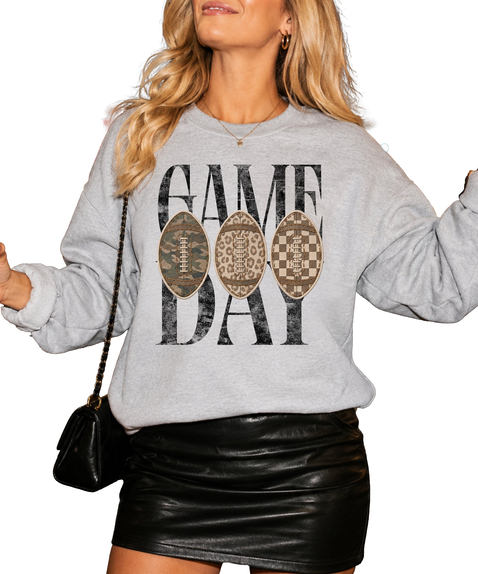 Game Day football camo leopard checkered crewneck sweatshirt, Gray, view 3