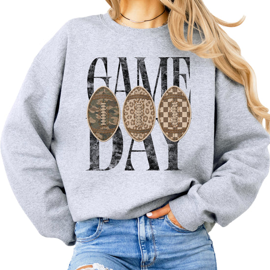 Game Day football camo leopard checkered crewneck sweatshirt, Gray, view 4