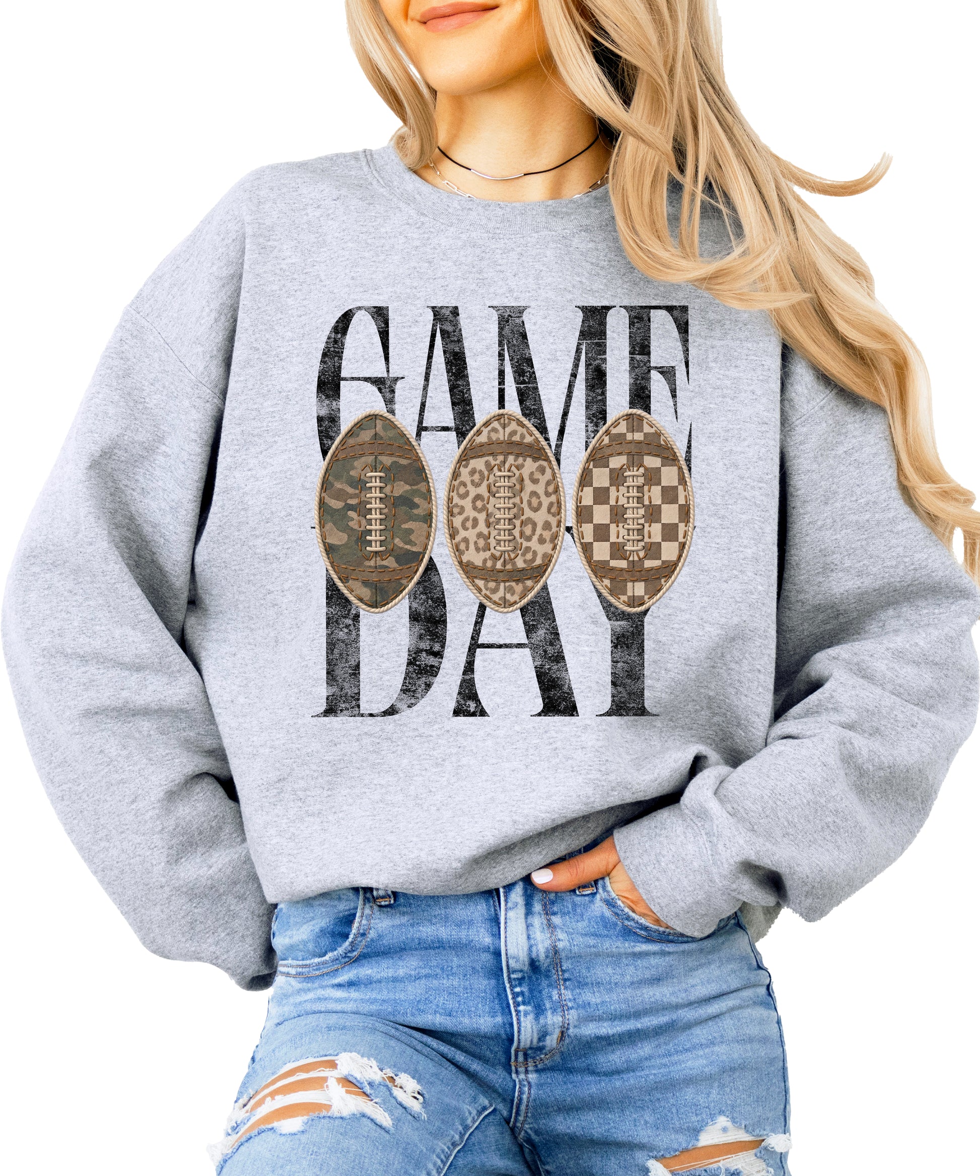 Game Day football camo leopard checkered crewneck sweatshirt, Gray, view 4