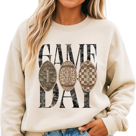 Game Day football camo leopard checkered crewneck sweatshirt, Sand, front view