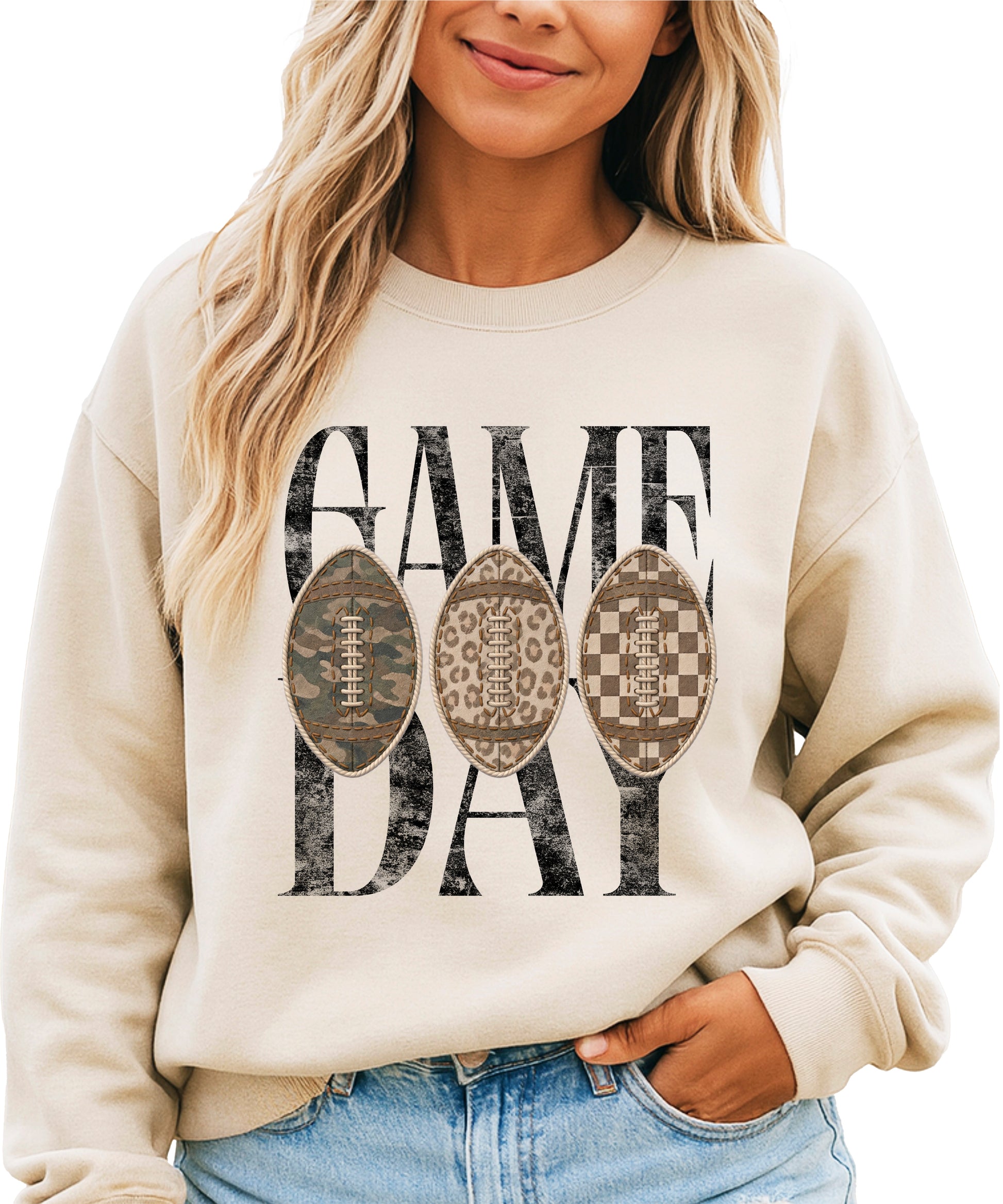 Game Day football camo leopard checkered crewneck sweatshirt, Sand, front view