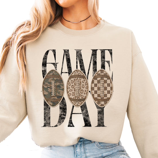 Game Day football camo leopard checkered crewneck sweatshirt, Sand, view 3