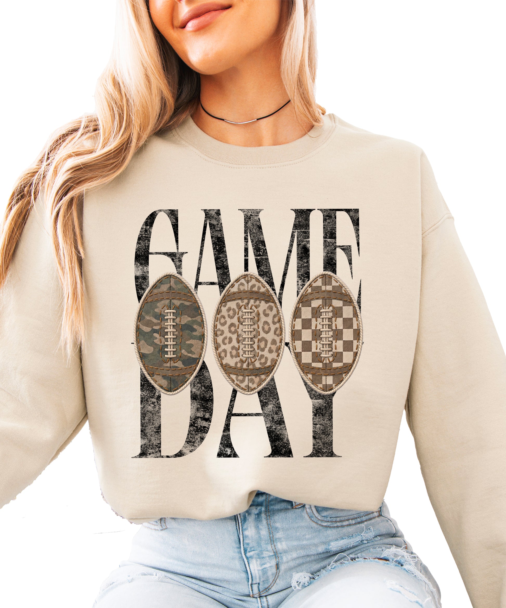 Game Day football camo leopard checkered crewneck sweatshirt, Sand, view 3