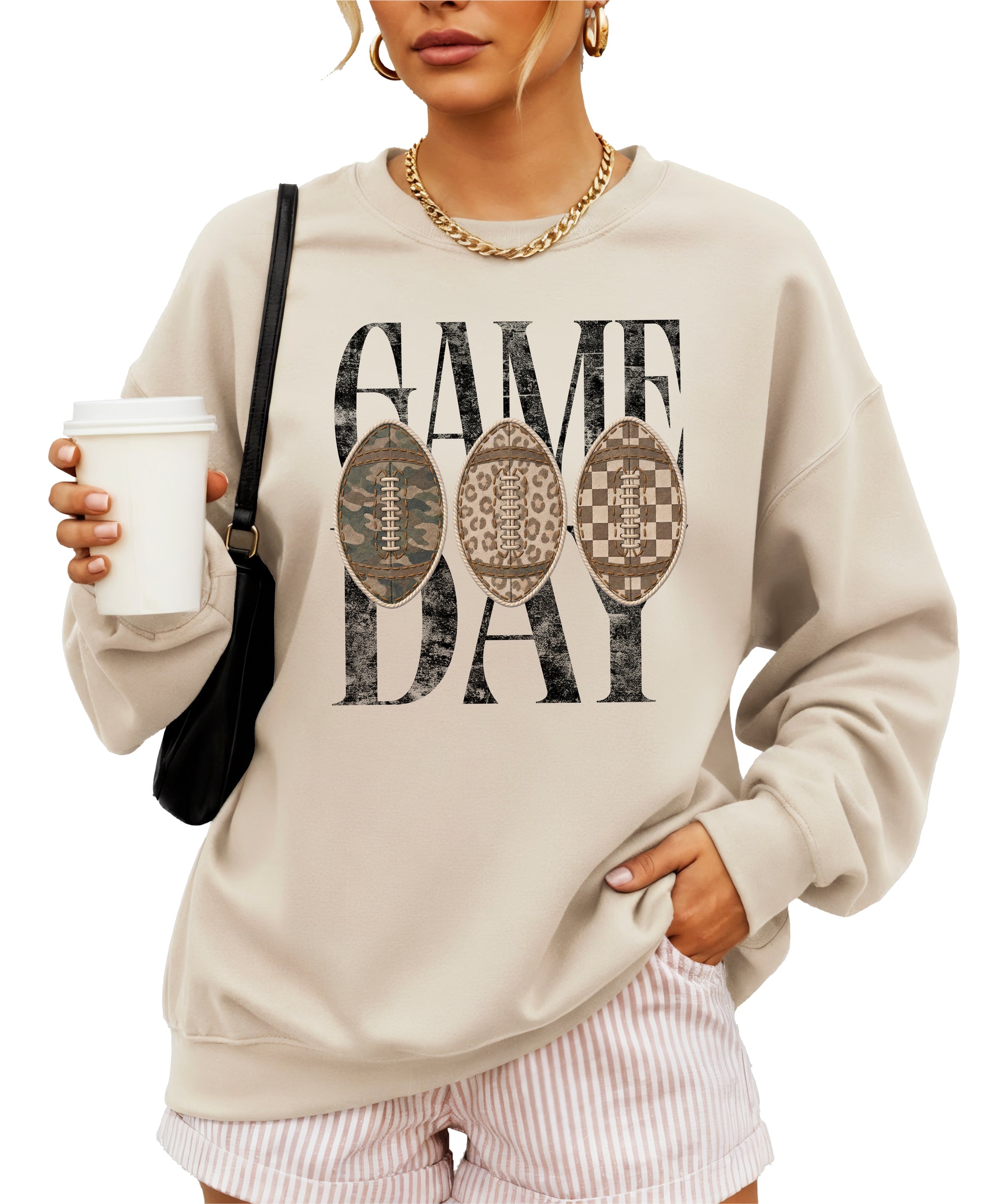 Game Day football camo leopard checkered crewneck sweatshirt, Sand, view 4