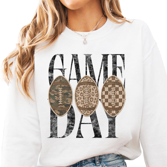 Game Day football camo leopard checkered crewneck sweatshirt, White, front view