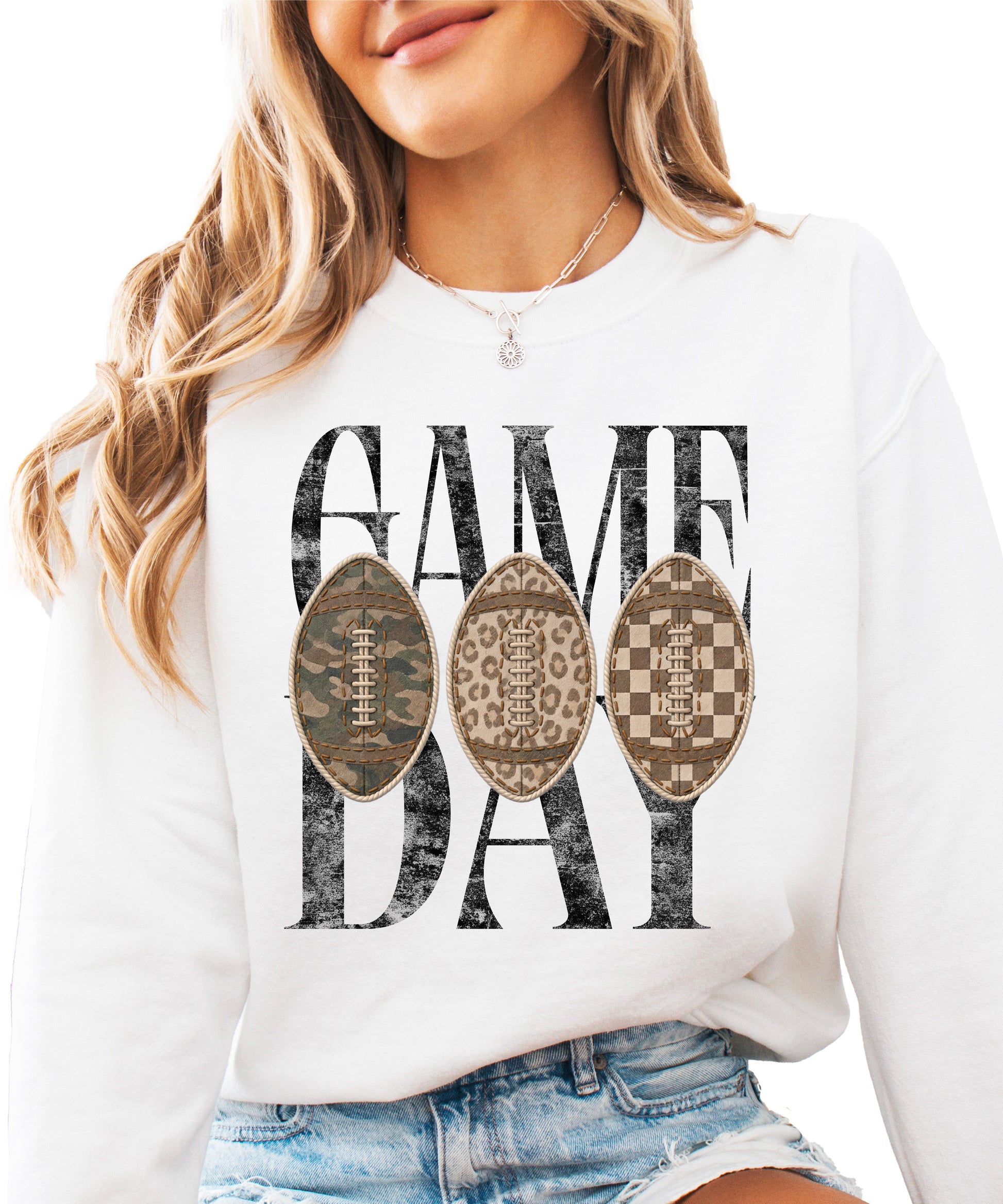 Game Day football camo leopard checkered crewneck sweatshirt, White, front view
