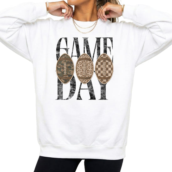 Game Day football camo leopard checkered crewneck sweatshirt, White, view 3