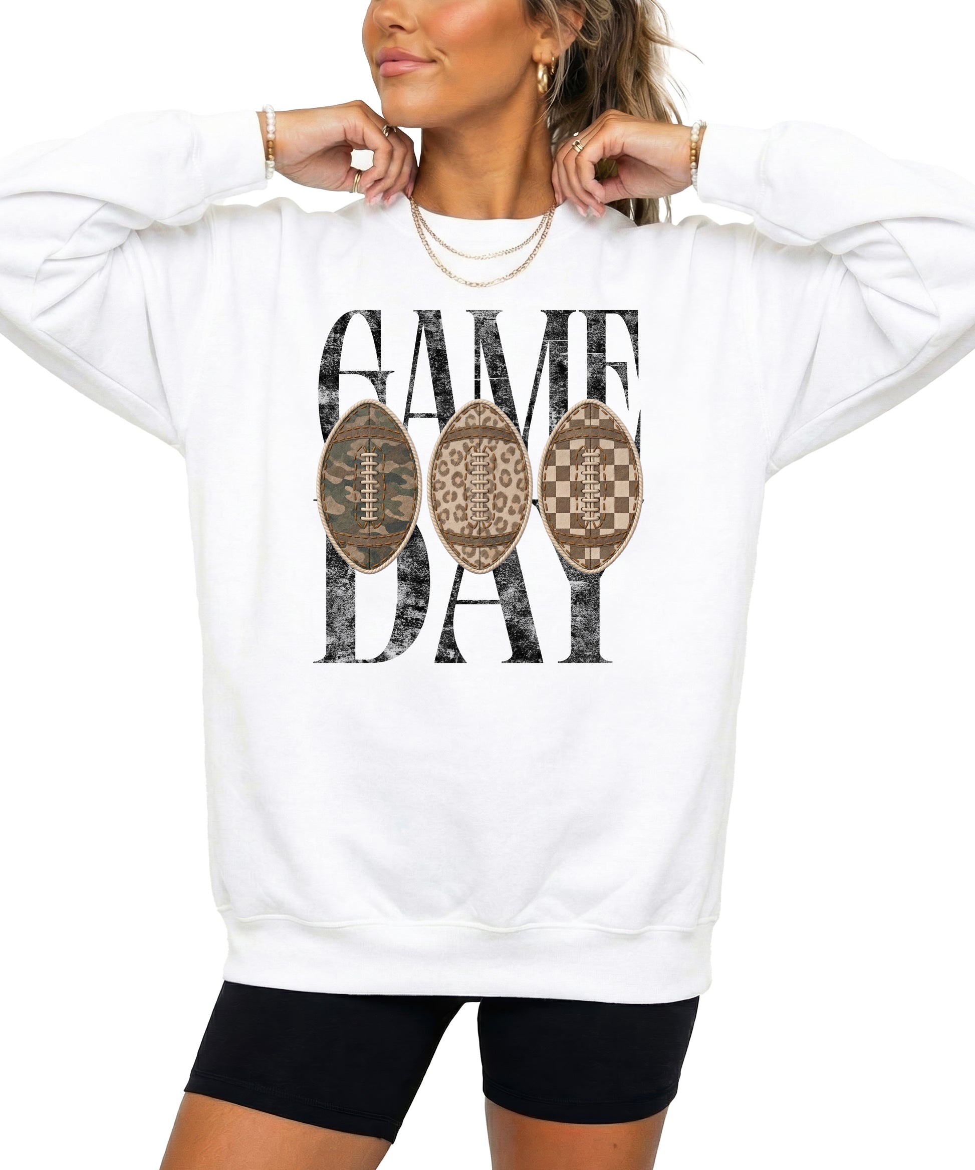Game Day football camo leopard checkered crewneck sweatshirt, White, view 3