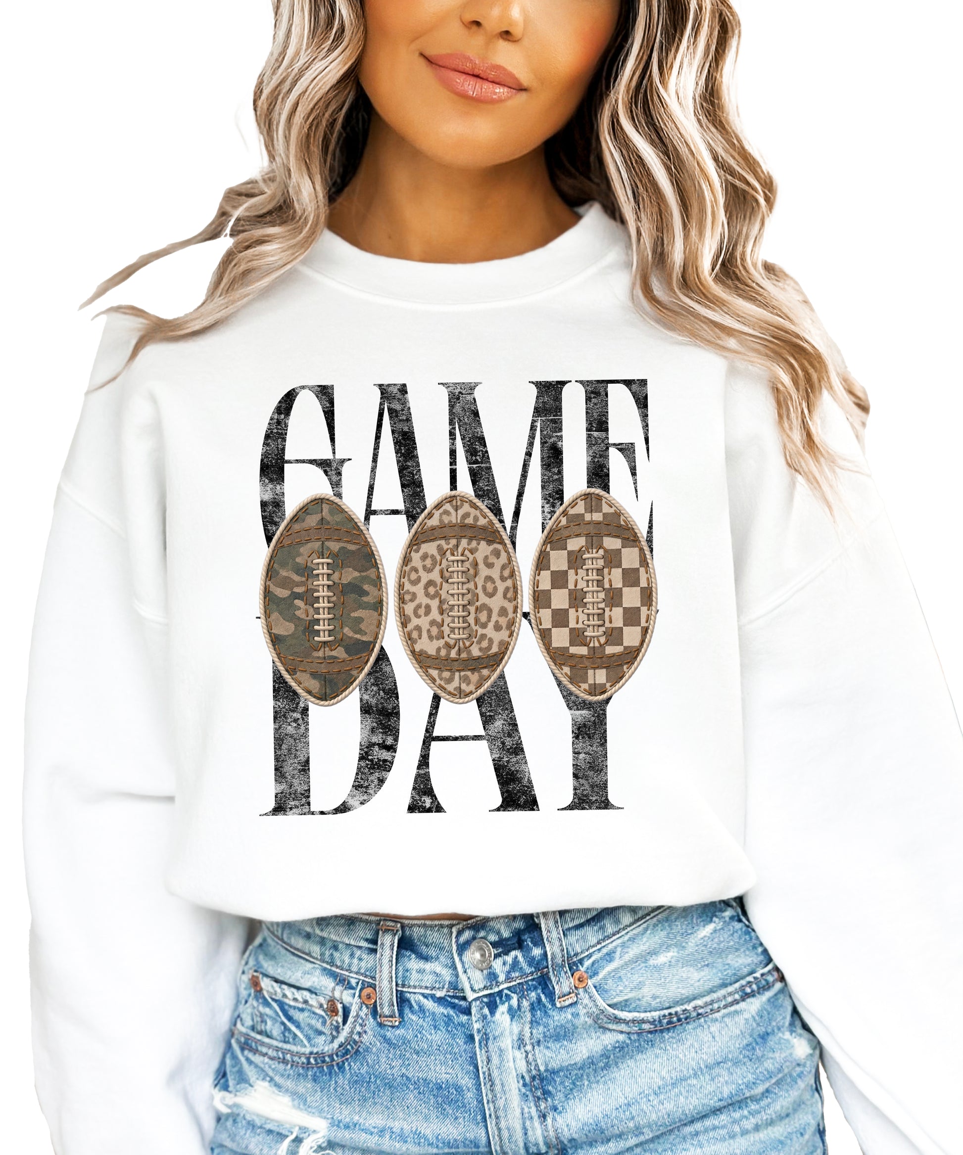 Game Day football camo leopard checkered crewneck sweatshirt, White, view 4